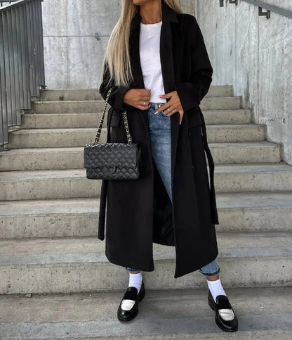 Elegant Women's Double-Breasted Winter Coat with Waist Belt – Full-Length Stylish Winter Coats for Cold Weather