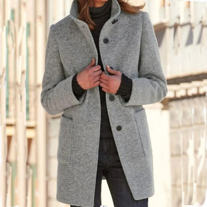 Elegant Wool-Look Winter Coat for Women with High Collar and Button Front – Mid-Thigh Length Warm Winter Jacket