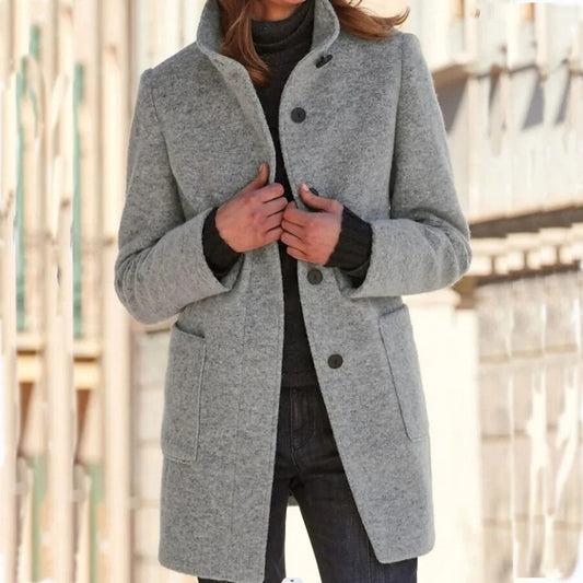 Elegant Wool-Look Winter Coat for Women with High Collar and Button Front – Mid-Thigh Length Warm Winter Jacket