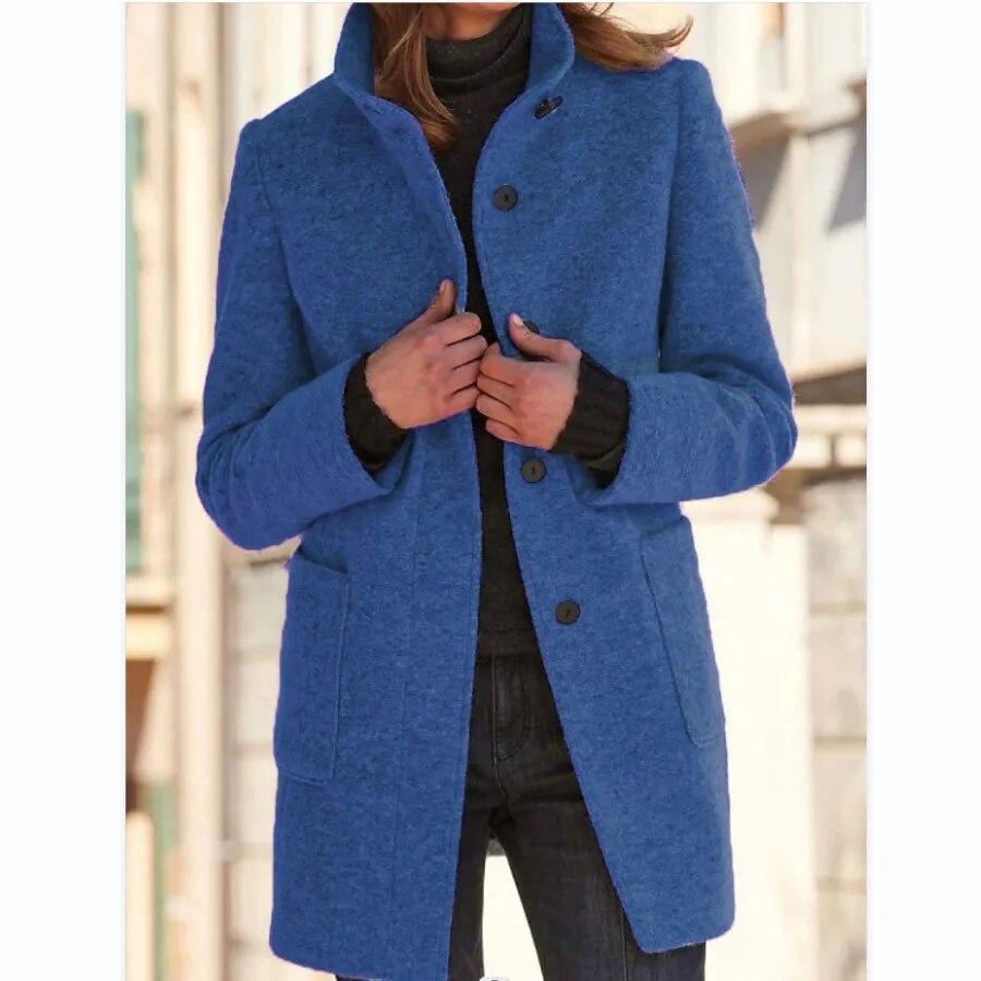 Elegant Wool-Look Winter Coat for Women with High Collar and Button Front – Mid-Thigh Length Warm Winter Jacket