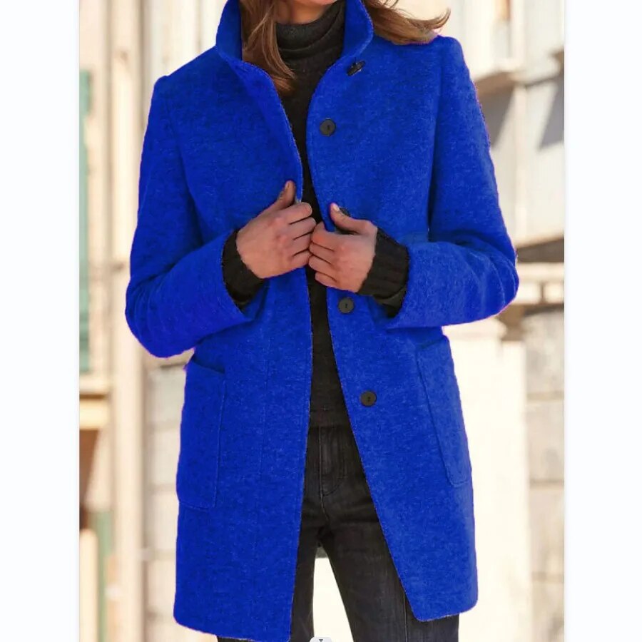 Elegant Wool-Look Winter Coat for Women with High Collar and Button Front – Mid-Thigh Length Warm Winter Jacket