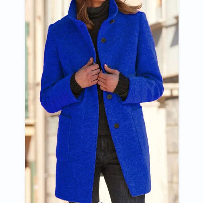 Elegant Wool-Look Winter Coat for Women with High Collar and Button Front – Mid-Thigh Length Warm Winter Jacket