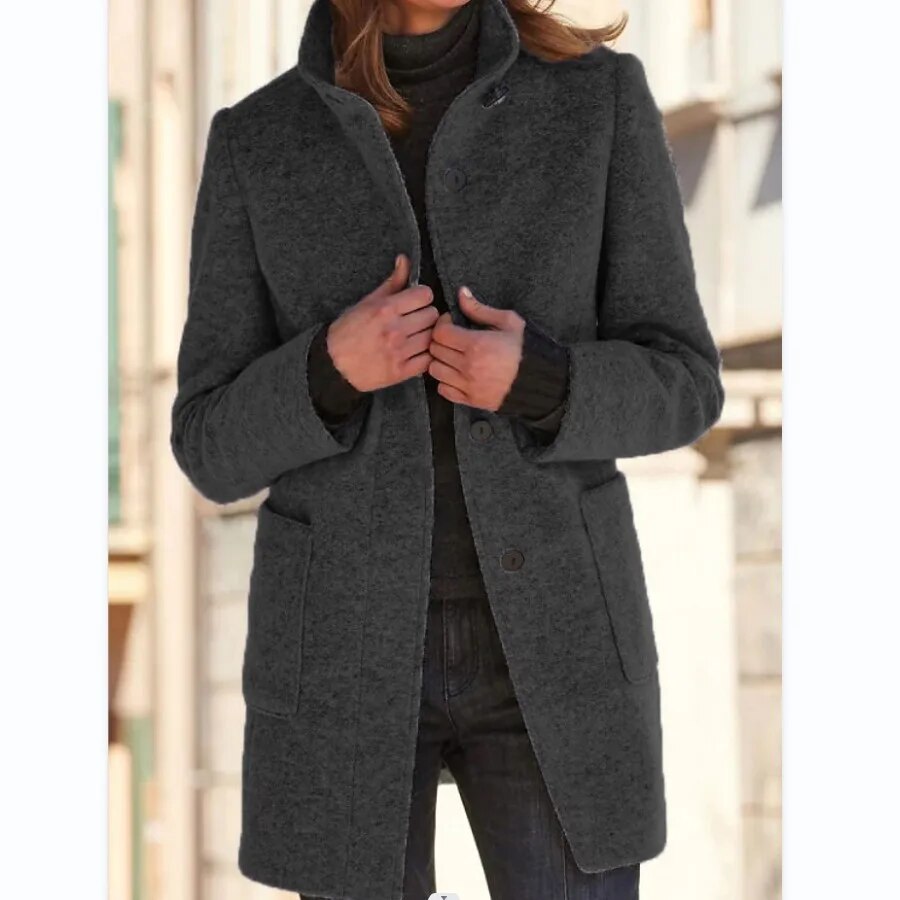 Elegant Wool-Look Winter Coat for Women with High Collar and Button Front – Mid-Thigh Length Warm Winter Jacket