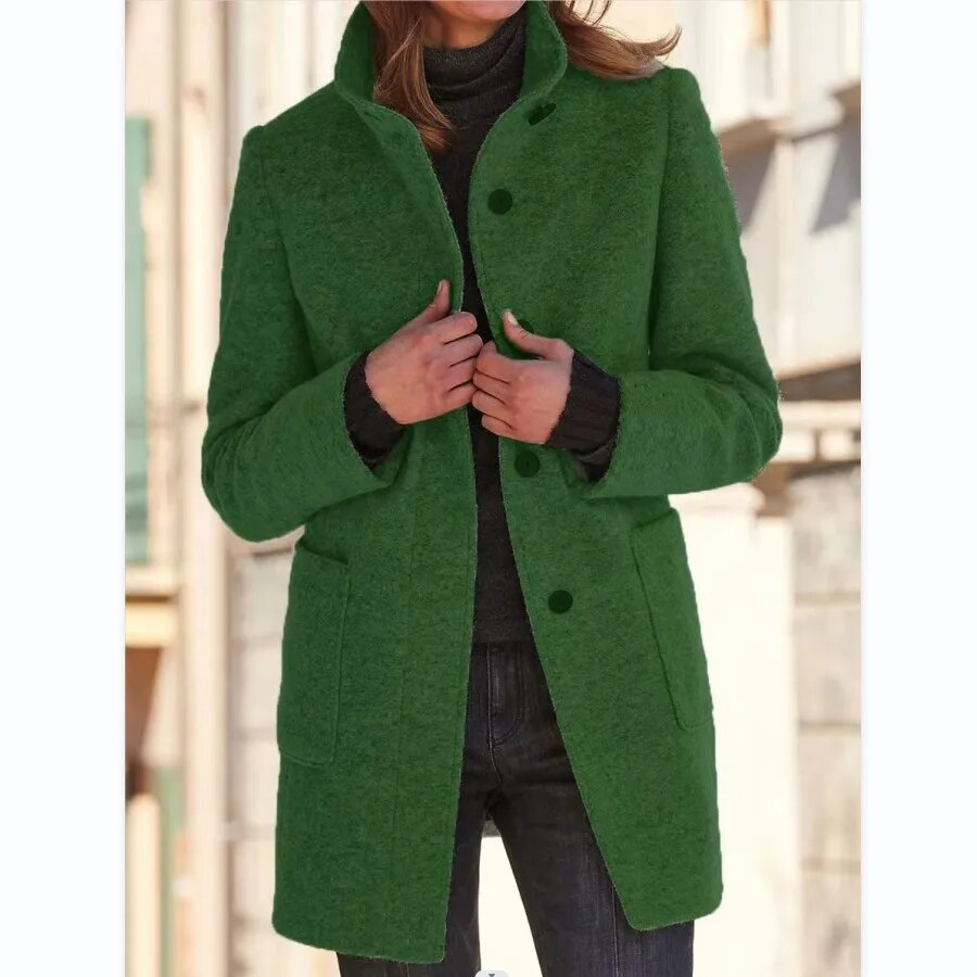 Elegant Wool-Look Winter Coat for Women with High Collar and Button Front – Mid-Thigh Length Warm Winter Jacket
