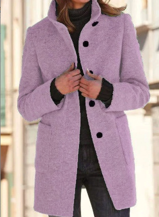 Elegant Wool-Look Winter Coat for Women with High Collar and Button Front – Mid-Thigh Length Warm Winter Jacket