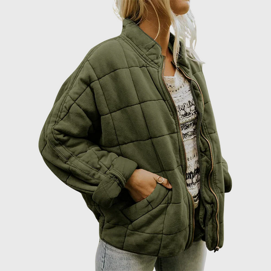 Emily Quilted Zip Jacket - Oversized Fleece Blend Outerwear with High Collar and Side Pockets for Autumn/Winter