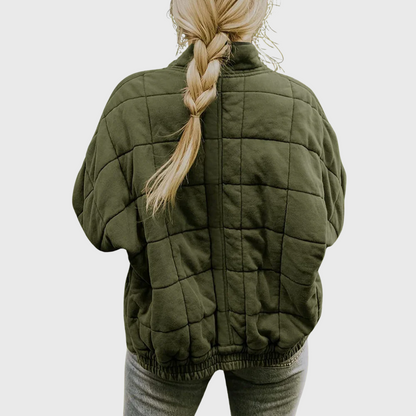 Emily Quilted Zip Jacket - Oversized Fleece Blend Outerwear with High Collar and Side Pockets for Autumn/Winter