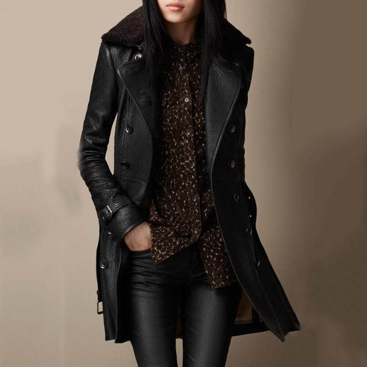 Handcrafted Leather Coat for Women – Elegant Leather Trench Coat with Insulating Warmth