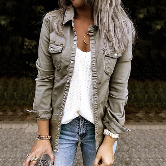 Lightweight Denim Shirt Jacket for Women - Slim Fit Overshirt with Button Front and Chest Pockets