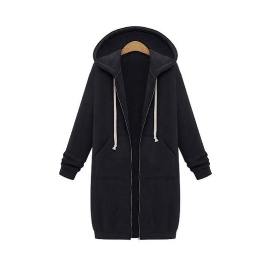 Longline Zip Hoodie for Women, Cozy Midweight Fabric, Drawstring Hood, Extended Length, Front Patch Pockets, Casual Layering Piece
