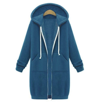 Longline Zip Hoodie for Women, Cozy Midweight Fabric, Drawstring Hood, Extended Length, Front Patch Pockets, Casual Layering Piece