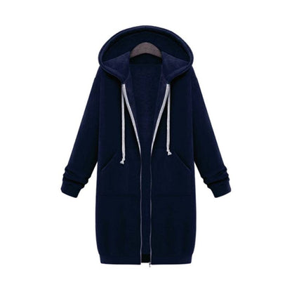 Longline Zip Hoodie for Women, Cozy Midweight Fabric, Drawstring Hood, Extended Length, Front Patch Pockets, Casual Layering Piece