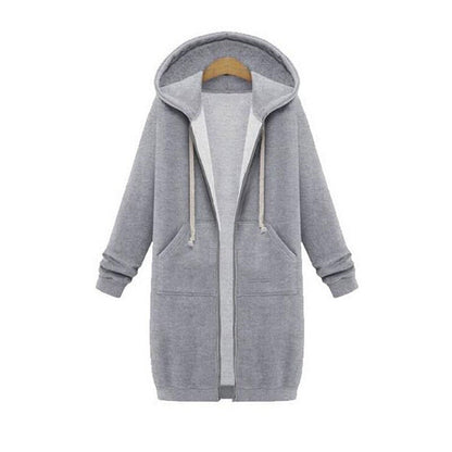 Longline Zip Hoodie for Women, Cozy Midweight Fabric, Drawstring Hood, Extended Length, Front Patch Pockets, Casual Layering Piece