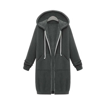 Longline Zip Hoodie for Women, Cozy Midweight Fabric, Drawstring Hood, Extended Length, Front Patch Pockets, Casual Layering Piece