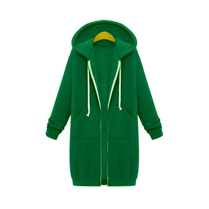 Longline Zip Hoodie for Women, Cozy Midweight Fabric, Drawstring Hood, Extended Length, Front Patch Pockets, Casual Layering Piece