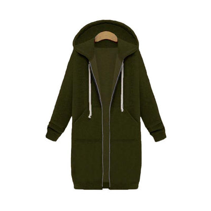 Longline Zip Hoodie for Women, Cozy Midweight Fabric, Drawstring Hood, Extended Length, Front Patch Pockets, Casual Layering Piece