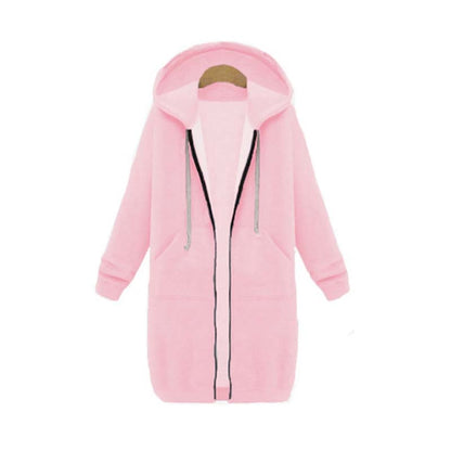 Longline Zip Hoodie for Women, Cozy Midweight Fabric, Drawstring Hood, Extended Length, Front Patch Pockets, Casual Layering Piece