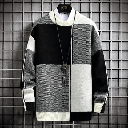 Loose-Fit Men's Sweater with Block Patterns – Cozy Acrylic Fusion for Timeless Style and Comfort
