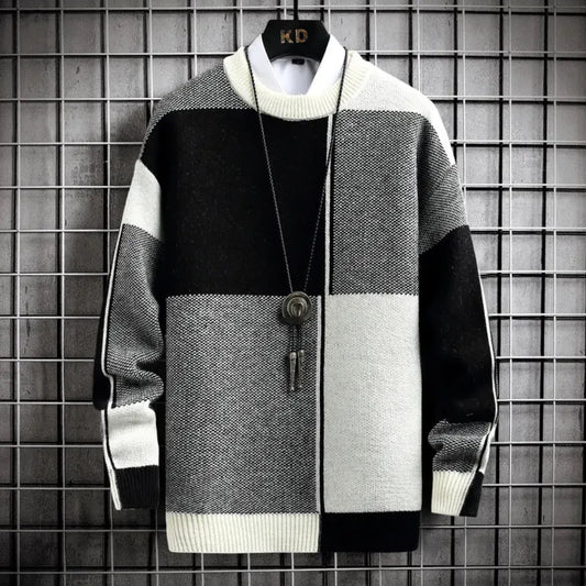 Loose-Fit Men's Sweater with Block Patterns – Cozy Acrylic Fusion for Timeless Style and Comfort
