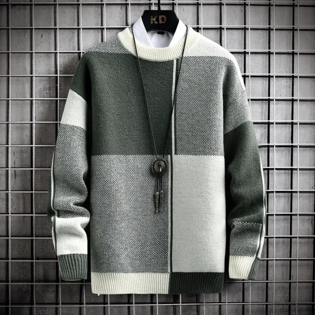 Loose-Fit Men's Sweater with Block Patterns – Cozy Acrylic Fusion for Timeless Style and Comfort