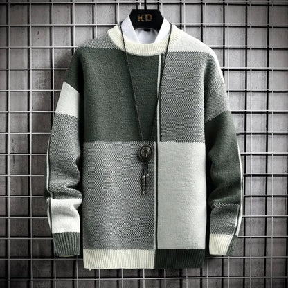 Loose-Fit Men's Sweater with Block Patterns – Cozy Acrylic Fusion for Timeless Style and Comfort