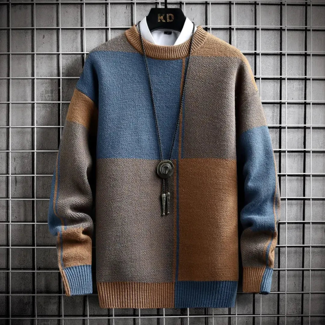 Loose-Fit Men's Sweater with Block Patterns – Cozy Acrylic Fusion for Timeless Style and Comfort