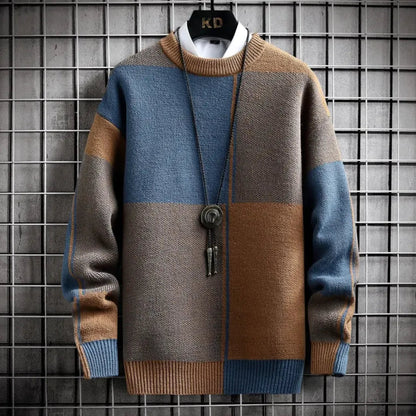 Loose-Fit Men's Sweater with Block Patterns – Cozy Acrylic Fusion for Timeless Style and Comfort