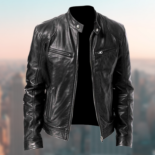 Men's Leather Jacket with Zip Closure and Stand Collar – Stylish Fitted Design with Multiple Zip Pockets