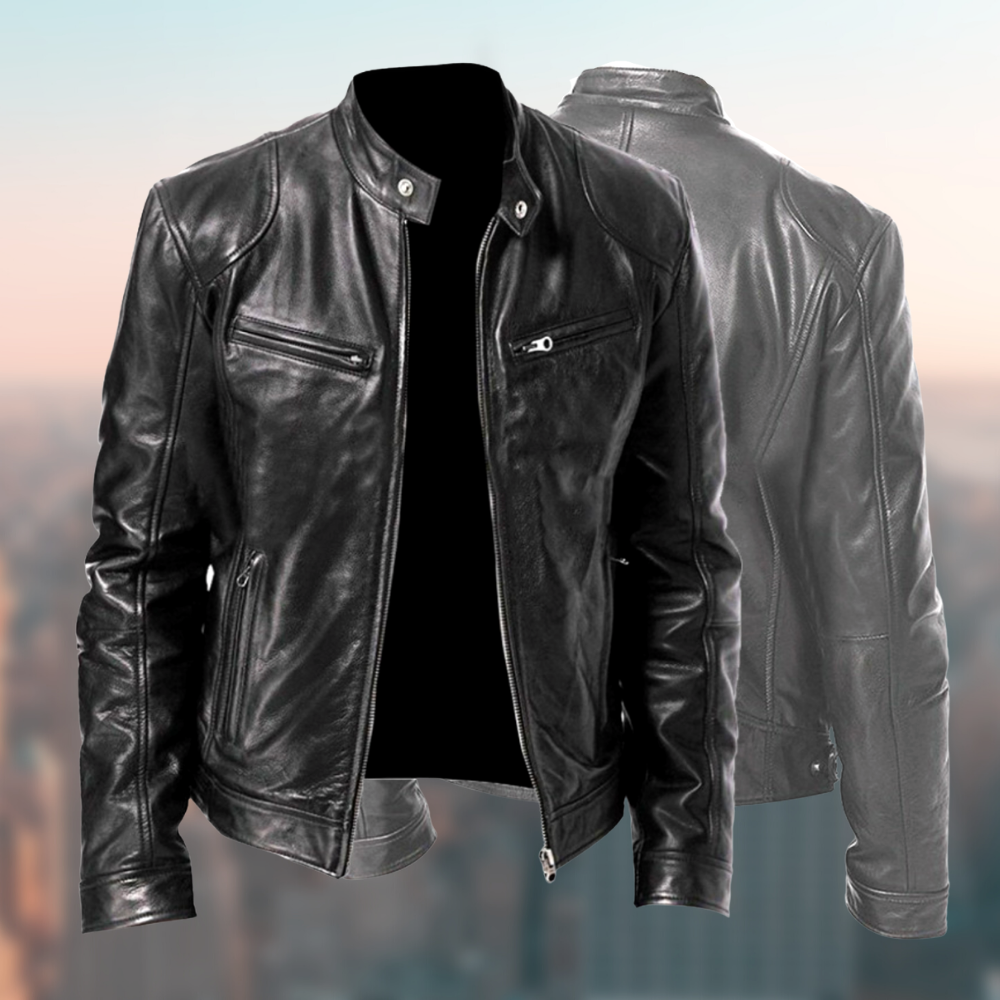 Men's Leather Jacket with Zip Closure and Stand Collar – Stylish Fitted Design with Multiple Zip Pockets