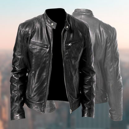 Men's Leather Jacket with Zip Closure and Stand Collar – Stylish Fitted Design with Multiple Zip Pockets