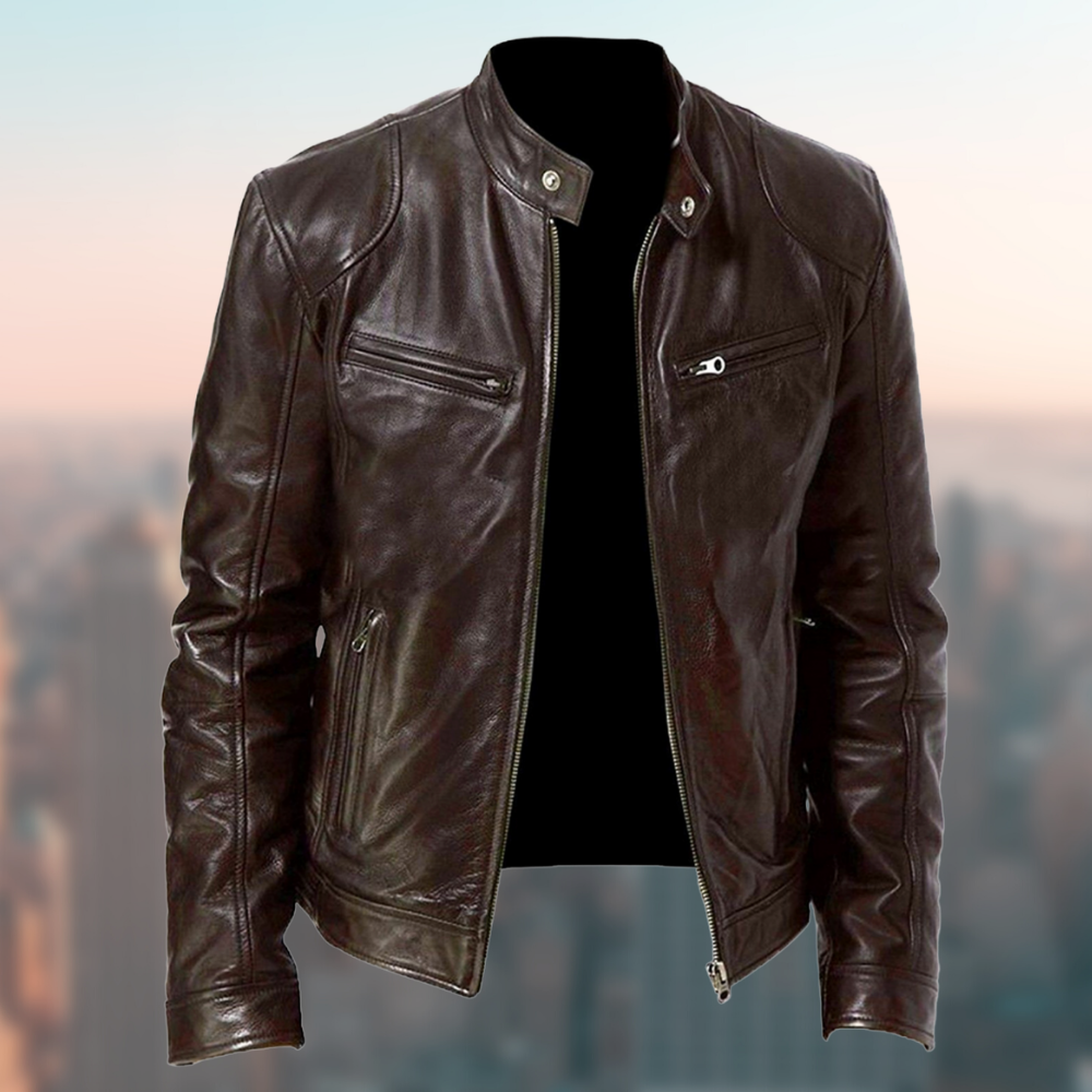 Men's Leather Jacket with Zip Closure and Stand Collar – Stylish Fitted Design with Multiple Zip Pockets