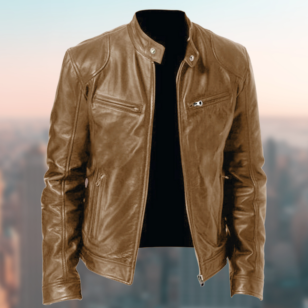 Men's Leather Jacket with Zip Closure and Stand Collar – Stylish Fitted Design with Multiple Zip Pockets