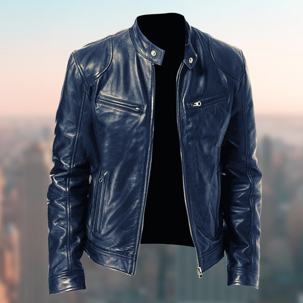 Men's Leather Jacket with Zip Closure and Stand Collar – Stylish Fitted Design with Multiple Zip Pockets