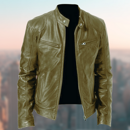 Men's Leather Jacket with Zip Closure and Stand Collar – Stylish Fitted Design with Multiple Zip Pockets