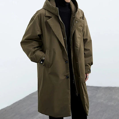 Men's Long Waterproof Puffer Trench Coat with Hood, Insulated Weather Protection for Cold and Rain