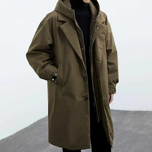 Men's Long Waterproof Puffer Trench Coat with Hood, Insulated Weather Protection for Cold and Rain