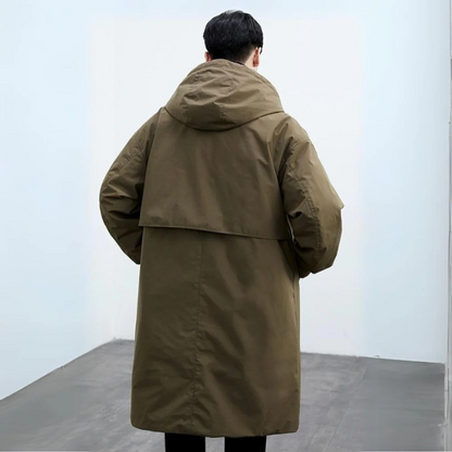 Men's Long Waterproof Puffer Trench Coat with Hood, Insulated Weather Protection for Cold and Rain