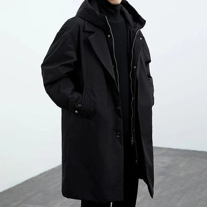 Men's Long Waterproof Puffer Trench Coat with Hood, Insulated Weather Protection for Cold and Rain