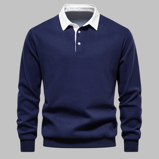 Men's Premium Cotton Polo Collar Sweater – Long Sleeve, Button Placket, Stylish Ribbed Cuffs and Hem, Comfortable Everyday Wear