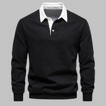 Men's Premium Cotton Polo Collar Sweater – Long Sleeve, Button Placket, Stylish Ribbed Cuffs and Hem, Comfortable Everyday Wear