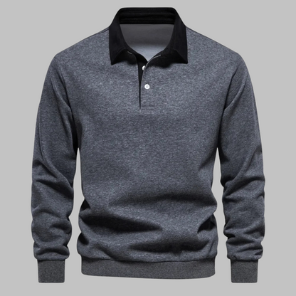 Men's Premium Cotton Polo Collar Sweater – Long Sleeve, Button Placket, Stylish Ribbed Cuffs and Hem, Comfortable Everyday Wear