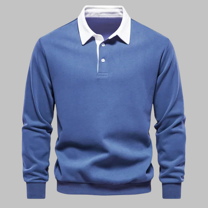 Men's Premium Cotton Polo Collar Sweater – Long Sleeve, Button Placket, Stylish Ribbed Cuffs and Hem, Comfortable Everyday Wear