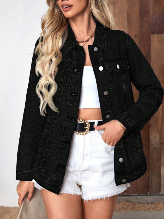 Oversized Denim Jacket for Women with Classic Collar and Pockets - Relaxed Fit in Washed Blue Denim