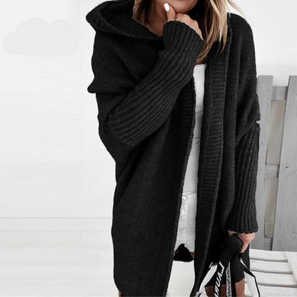 Oversized Hooded Knit Cardigan for Women - Soft Black Long Cardigan with Ribbed Cuffs and Open Front Design