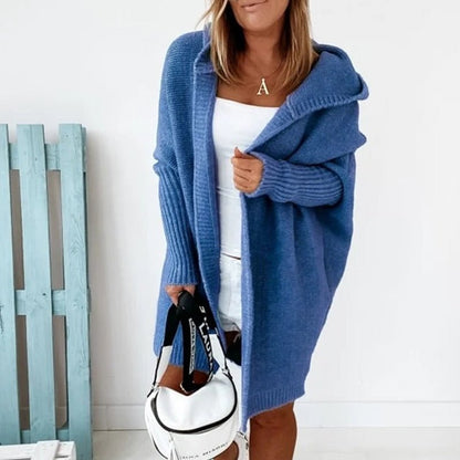 Oversized Hooded Knit Cardigan for Women - Soft Black Long Cardigan with Ribbed Cuffs and Open Front Design