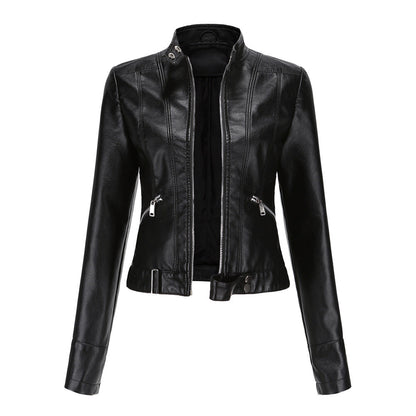 Stylish Women's Leather Jacket with High Collar and Belt - Fitted Zip-Up Outerwear with Side Pockets