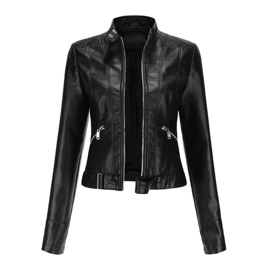 Stylish Women's Leather Jacket with High Collar and Belt - Fitted Zip-Up Outerwear with Side Pockets