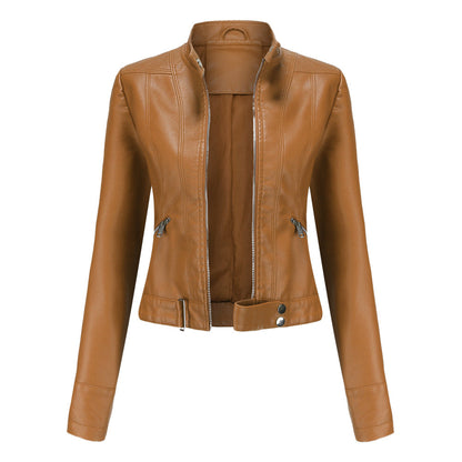 Stylish Women's Leather Jacket with High Collar and Belt - Fitted Zip-Up Outerwear with Side Pockets