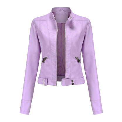Stylish Women's Leather Jacket with High Collar and Belt - Fitted Zip-Up Outerwear with Side Pockets