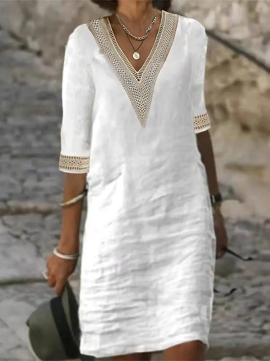 Vera Women's Casual Dress | V-Neck Lace Trim, Relaxed Fit